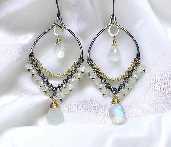 Rainbow Moonstone Mixed Metal Chandelier Earrings