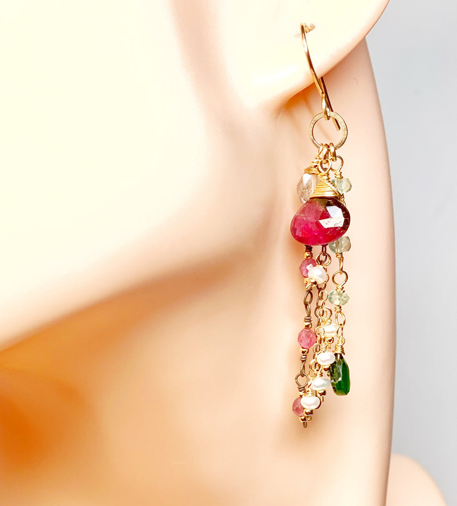 Bicolor Rubellite Tourmaline Briolette and Mixed Metal Gemstone Dangle Earrings