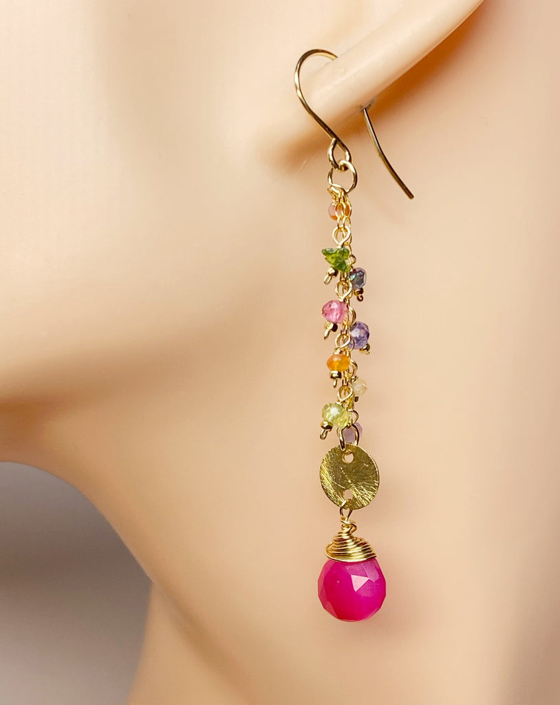 Hot Pink Chalcedony Long Gemstone Dangle Earrings Gold Fill