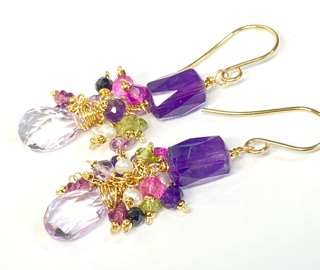 Amethyst Dangle Earrings, Multi Gemstone Cluster Earrings