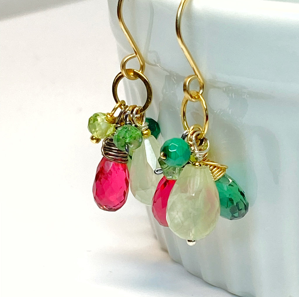 Pink Green Gemstone Dangle Earrings in Gold Fill