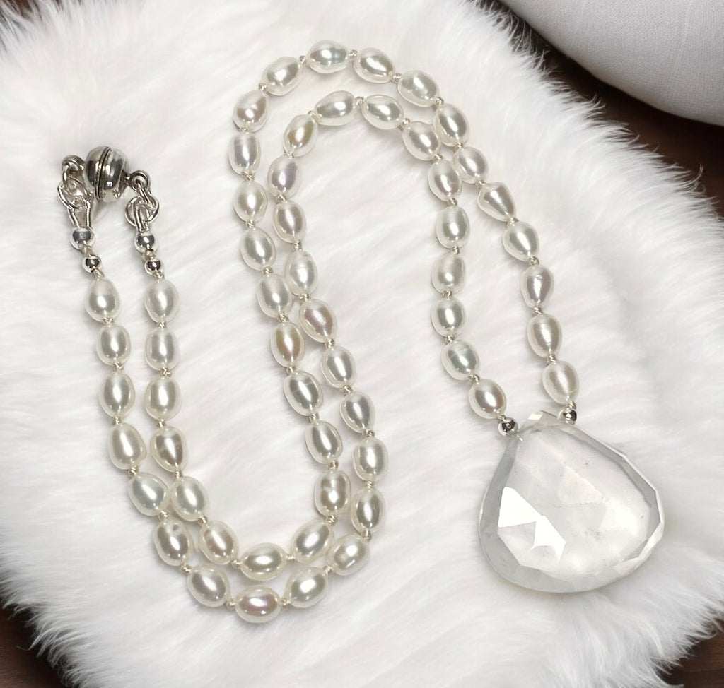 White Quartz Pendant Hand Knotted Pearl Necklace, Sterling Silver