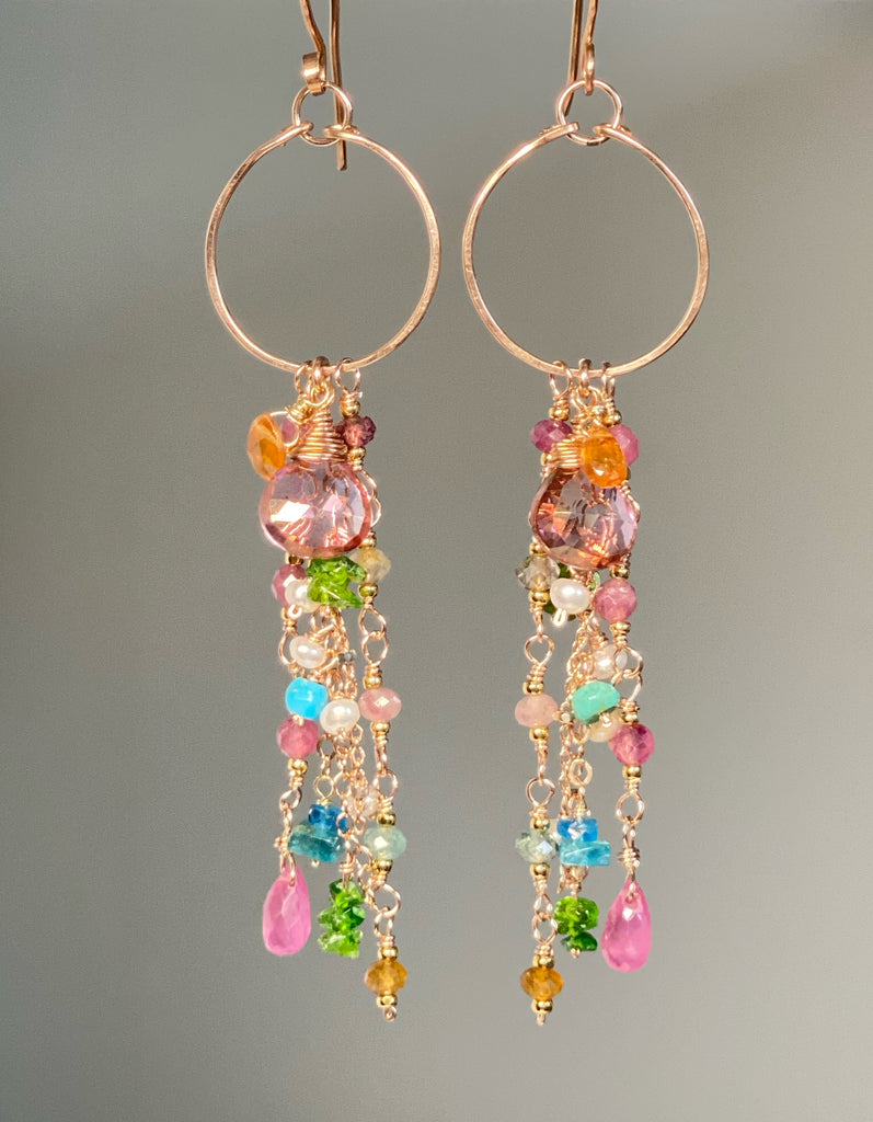 Mystic Pink Topaz Multicolor Gemstone Long Boho Dangle Earrings Rose Gold