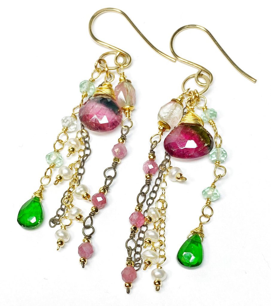 Bicolor Rubellite Tourmaline Briolette and Mixed Metal Gemstone Dangle Earrings