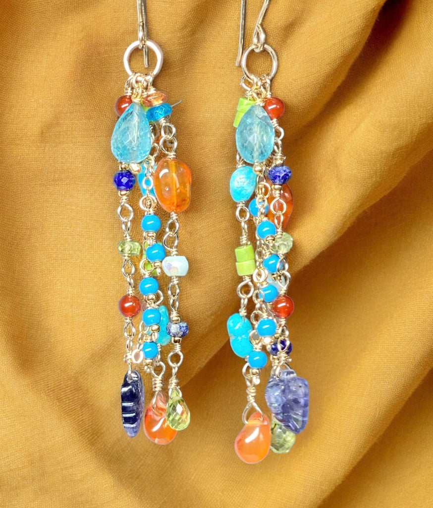 Multi Gemstone Dangle Earrings Blue, Green Turquoise, Carnelian, Peridot, Gold Filled