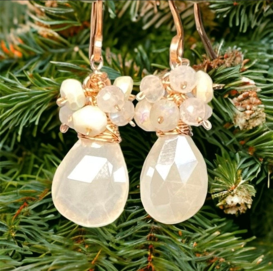 Mystic Ivory Chalcedony Cluster Earrings Rose Gold