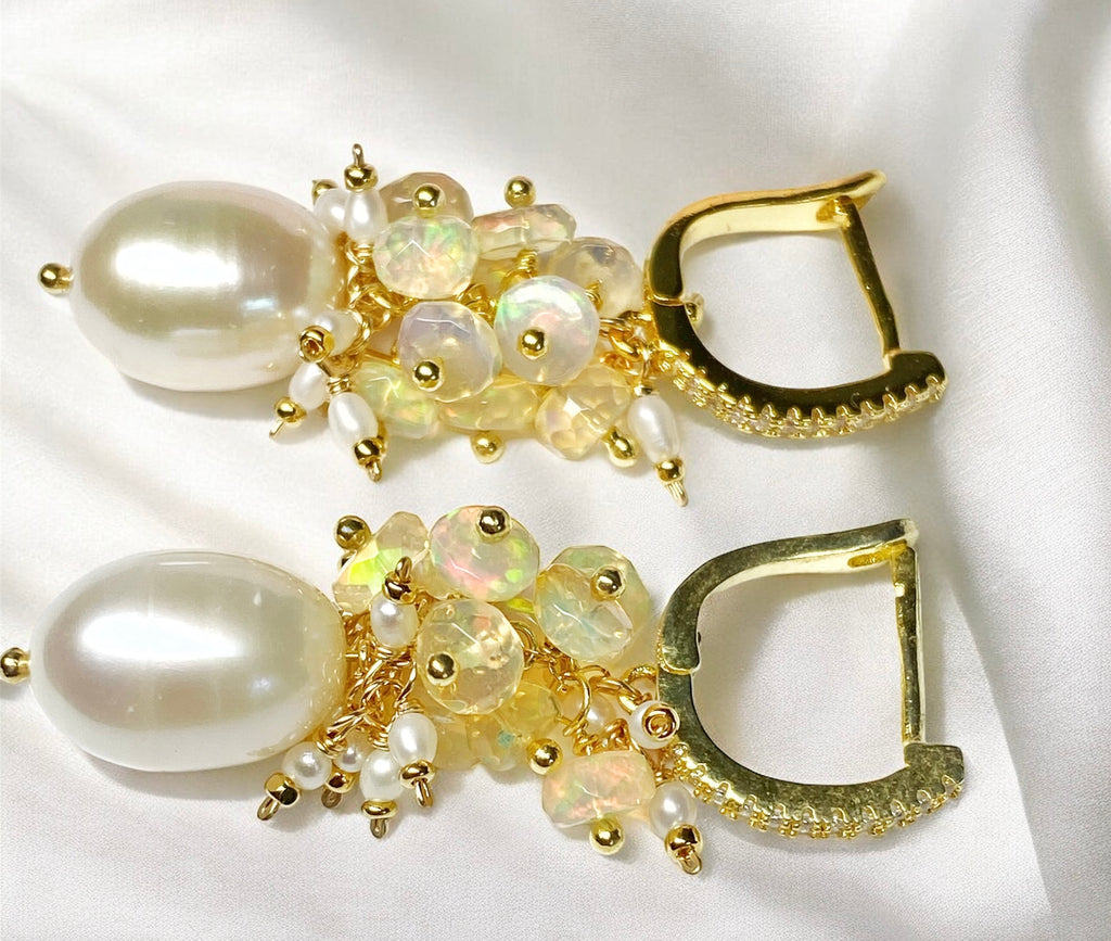 Pearl and Opal Cluster Earrings Gold