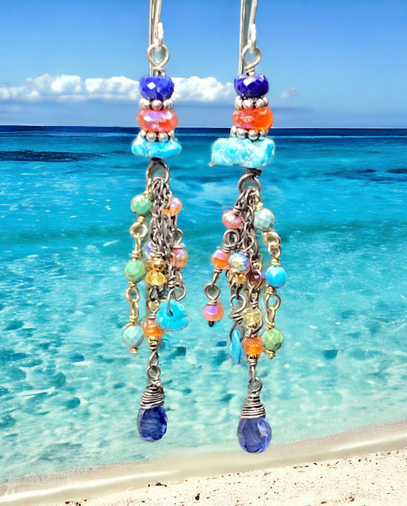 Multi Gemstone Gem Dangle Earrings, Tassel Style, Turquoise, Lapis, Carnelian, Sterling Silver