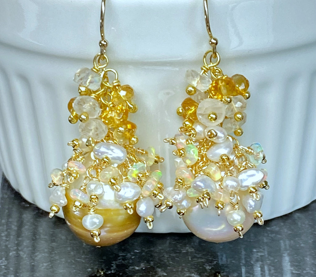 Baroque Gold and White Pearl Cluster Earring with Citrine, Opal, Moonstone 2