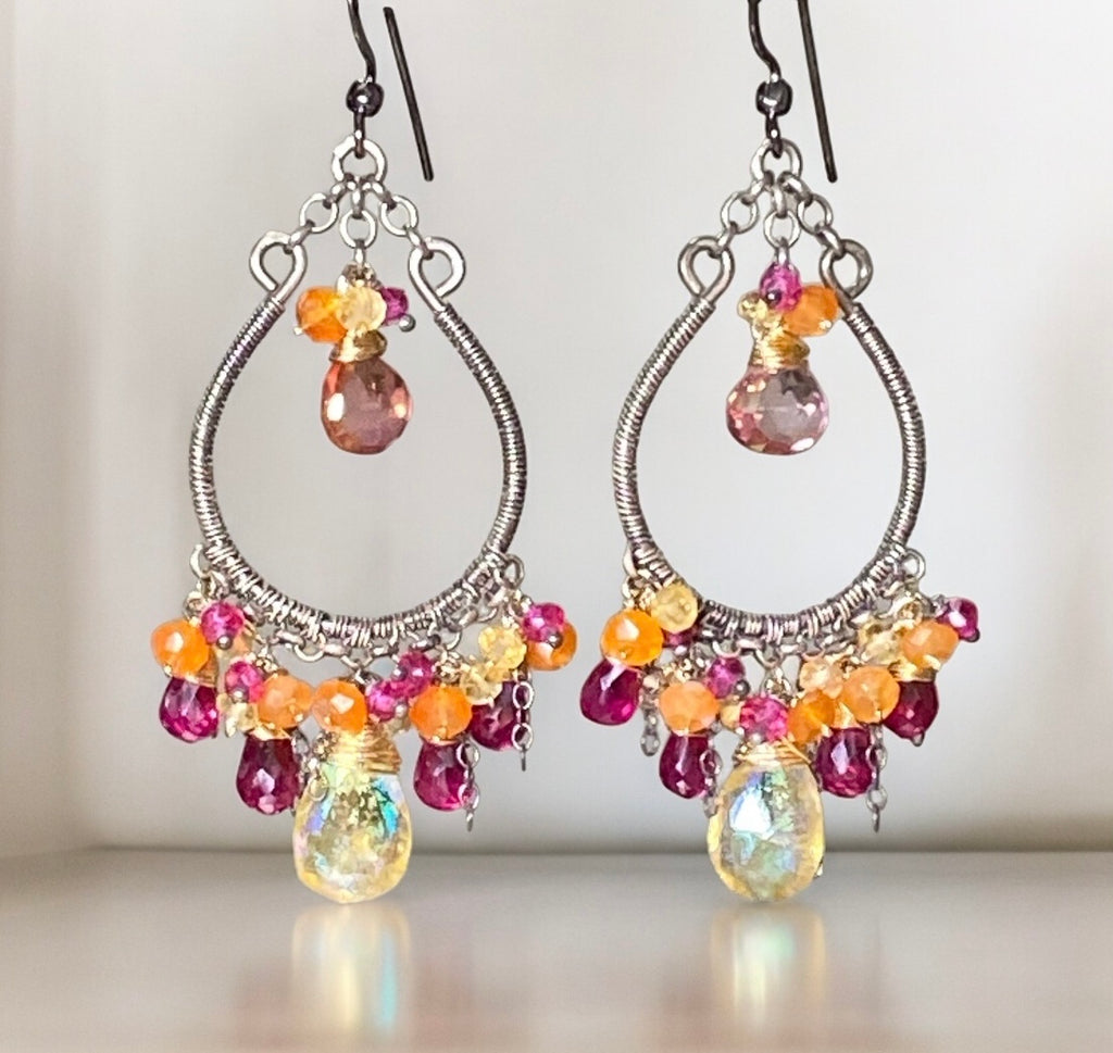 Multi-color Gemstone Hoop Earrings Mystic Citrine Hot Pink Quartz Oxidized Silver