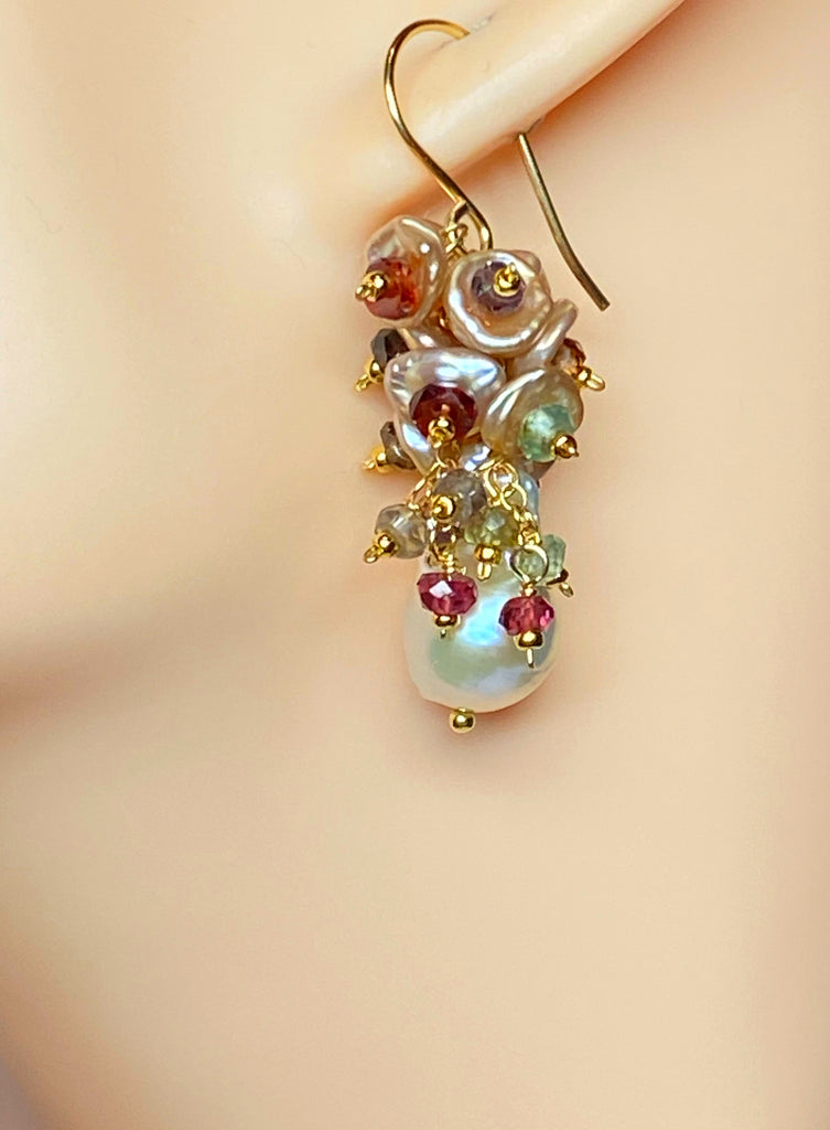 Baroque Flameball Pearl Earrings with Keishi Pearls and Sapphires