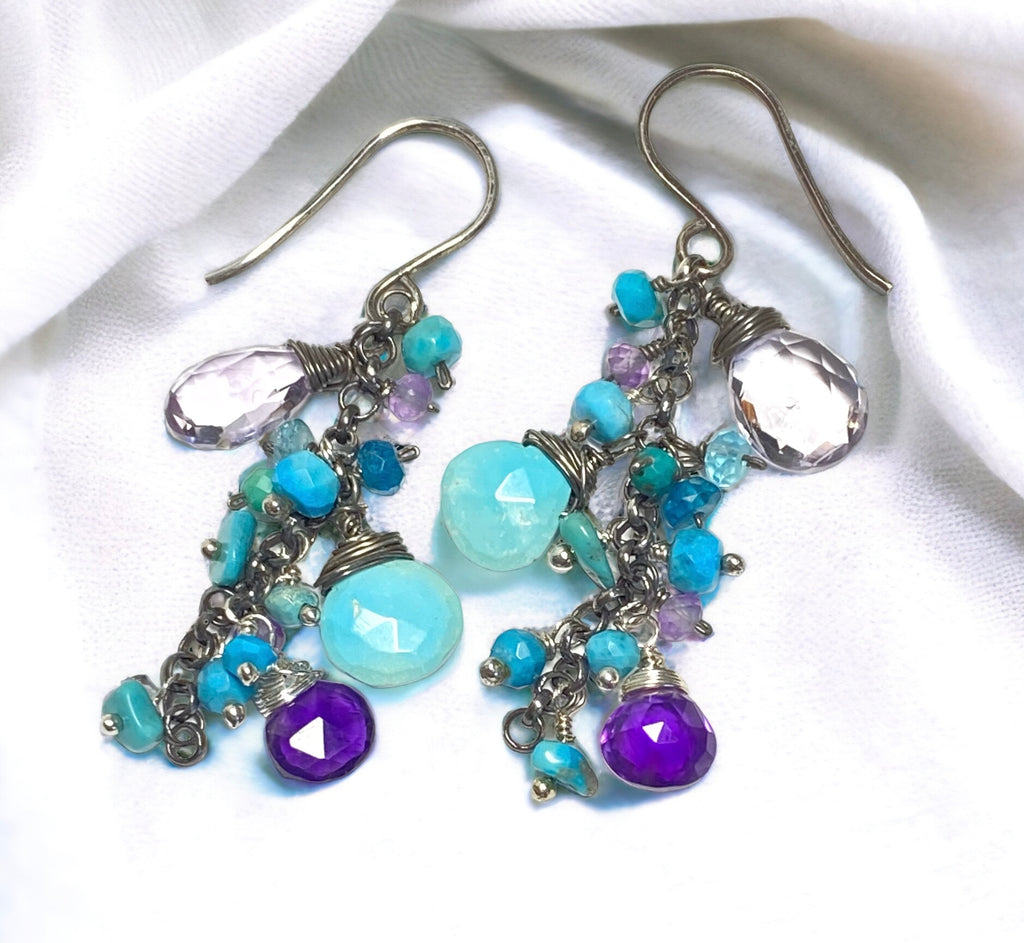 Sleeping Beauty Turquoise Dangle Earrings with Amethyst in Oxidized Sterling Silver
