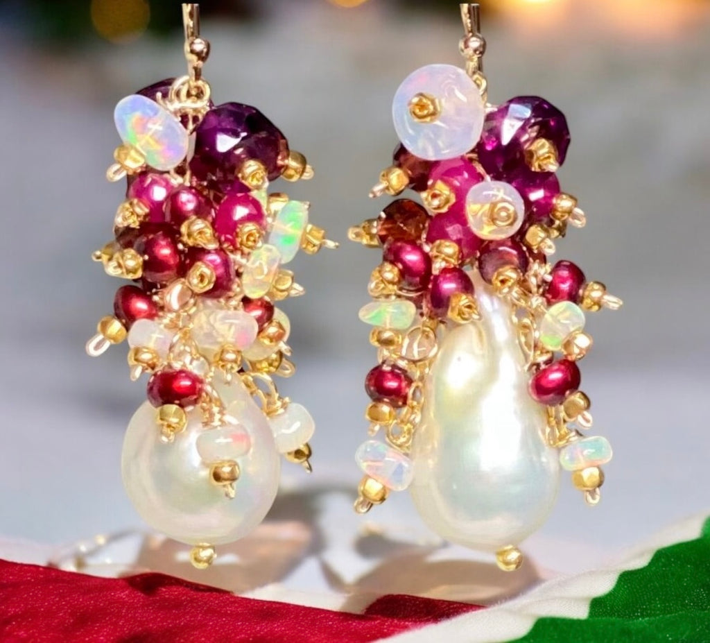 Baroque Pearl Earrings with Rubies, Garnets and Fiery AAA Ethiopian Opals 2