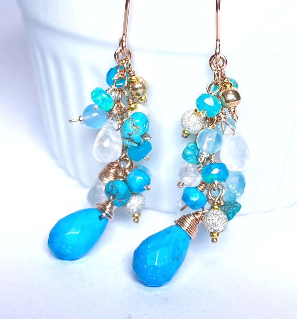 Gemstone Dangle Earrings Turquoise Rose Gold Fill