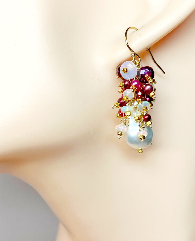 Baroque Pearl Earrings with Rubies, Garnets and Fiery AAA Ethiopian Opals 2