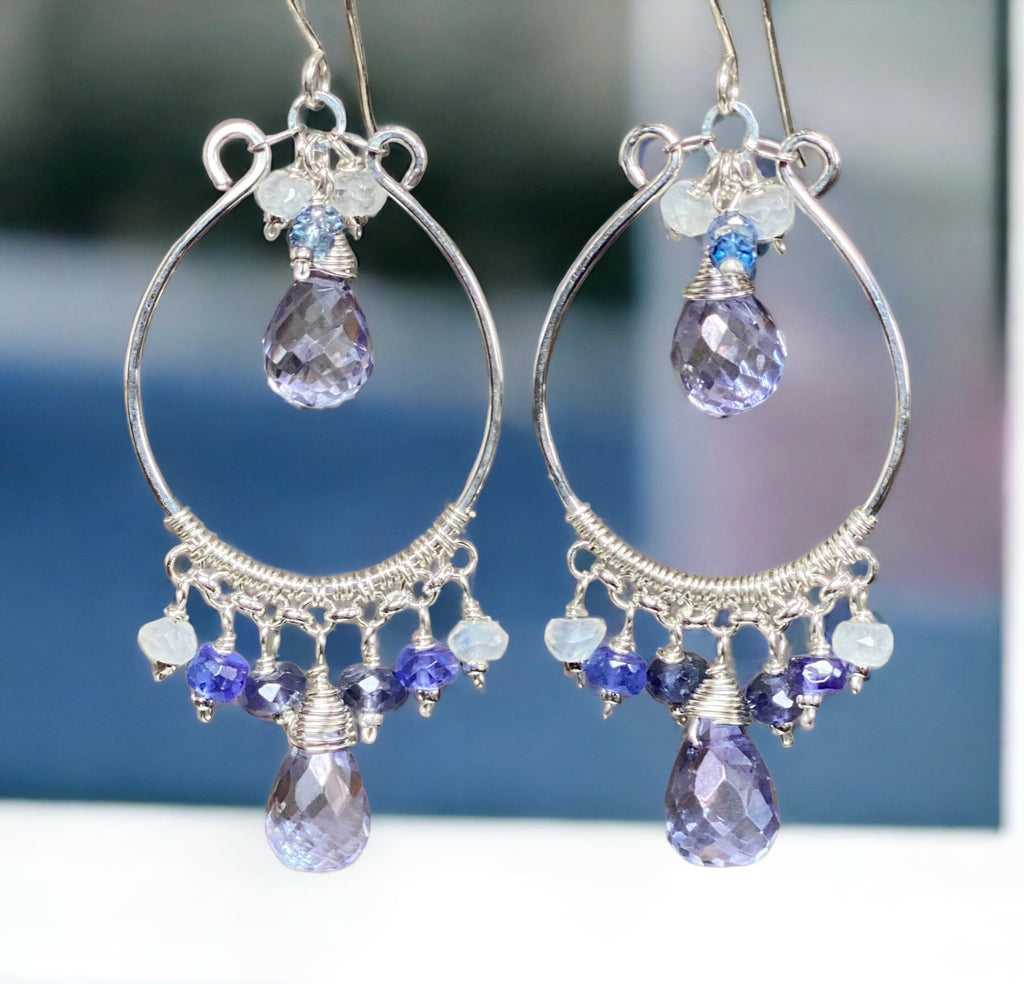 boho luxe chandelier earrings sterling silver with blue violet quartz, moonstone, tanzanite , iolite