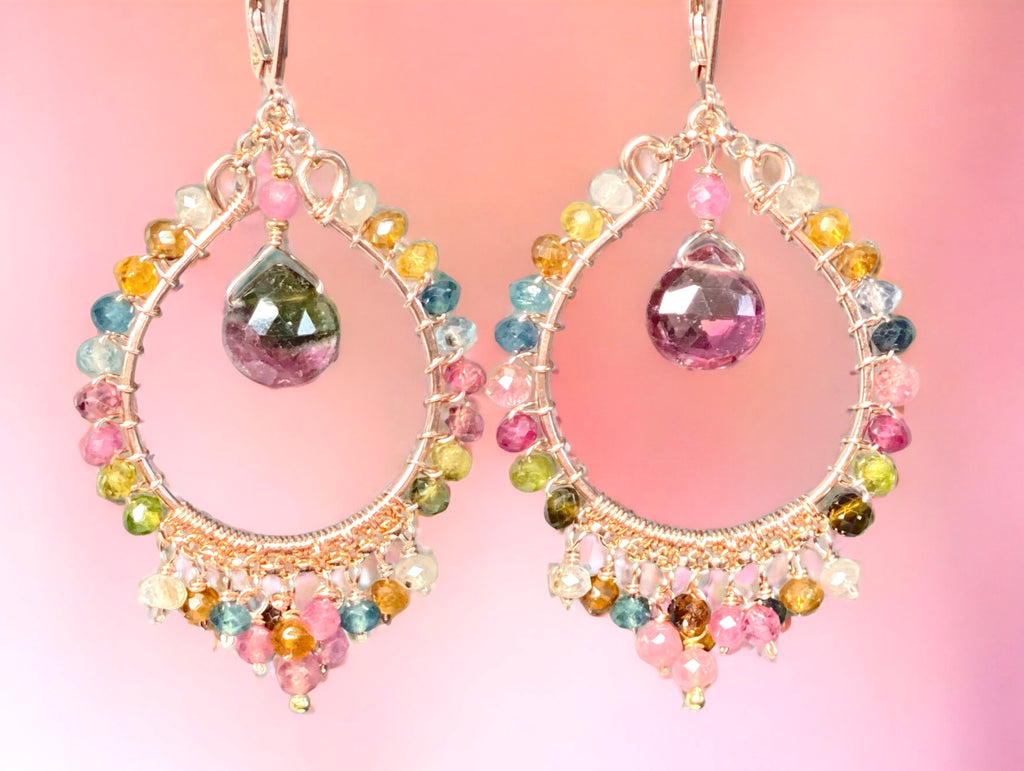 hand forged rose gold chandelier hoop earrings with watermelon tourmalines and tourmaline rondelles