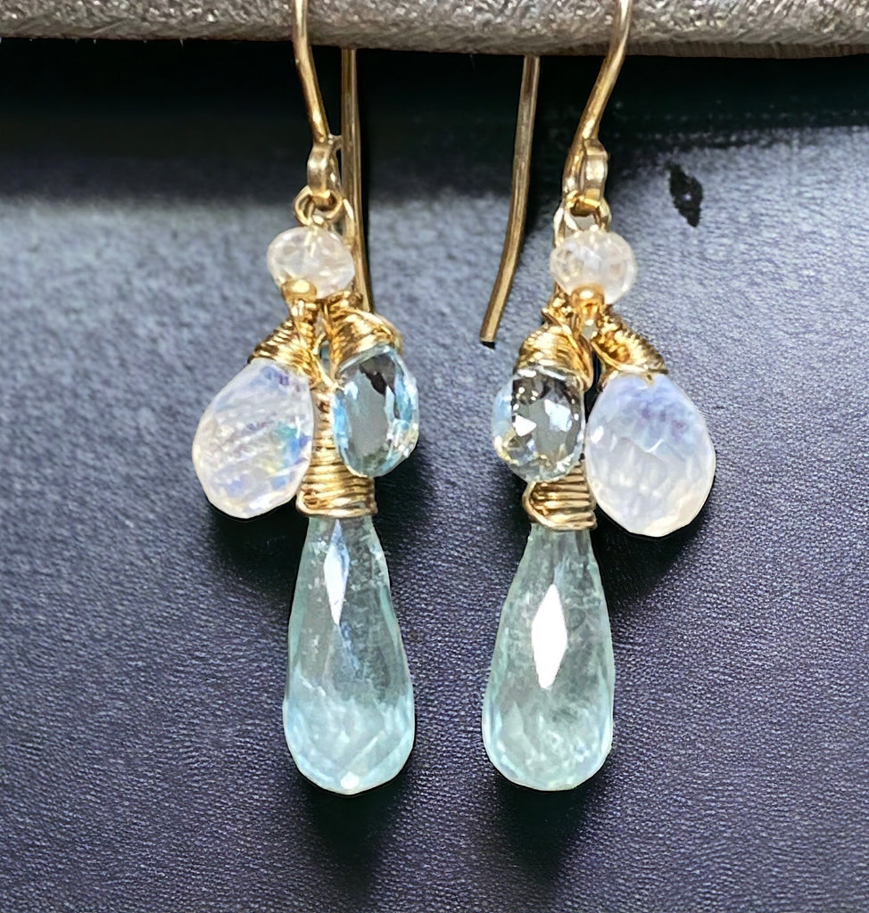 Aquamarine, Blue Topaz, Moonstone Dangle Earrings Gold Fill