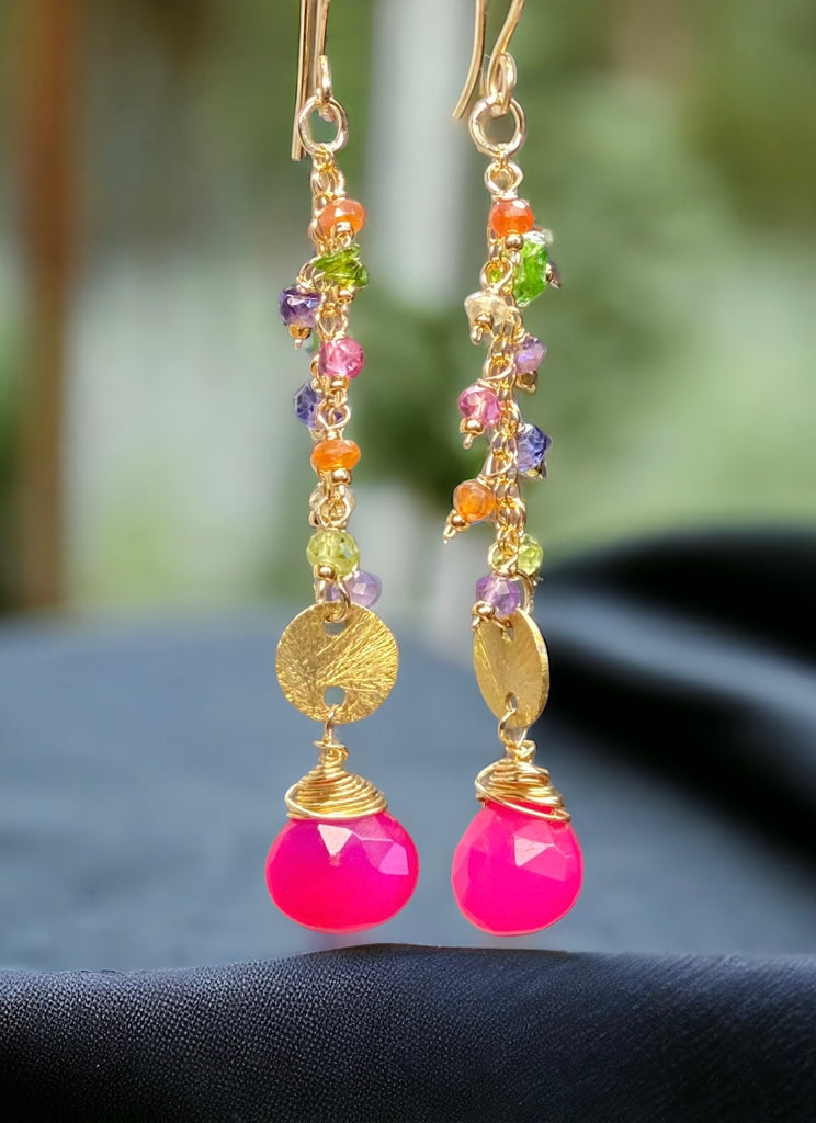 Hot Pink Chalcedony Long Gemstone Dangle Earrings Gold Fill