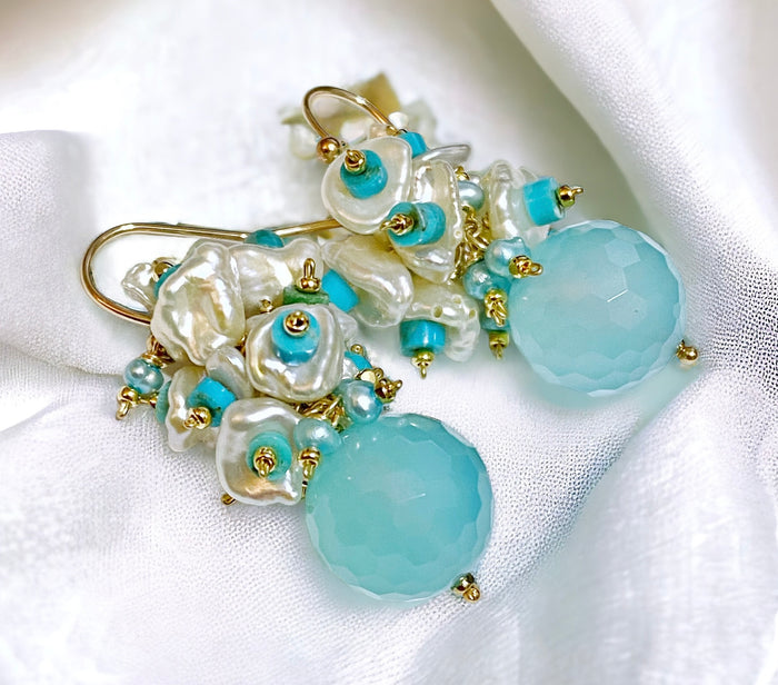 Blue, Turquoise and Keishi Pearl Cluster Earrings - Doolittle