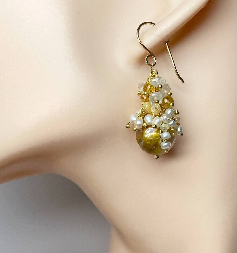 Baroque Pond Slime Pearl Cluster Earring with Citrine, Opal, Moonstone