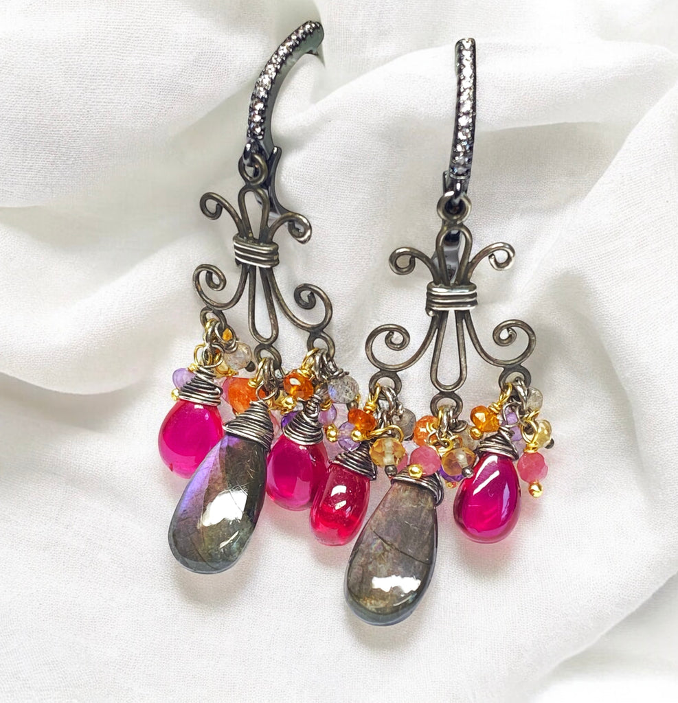 Purple Labradorite and Rubellite Chandelier Earrings in Mixed Metals