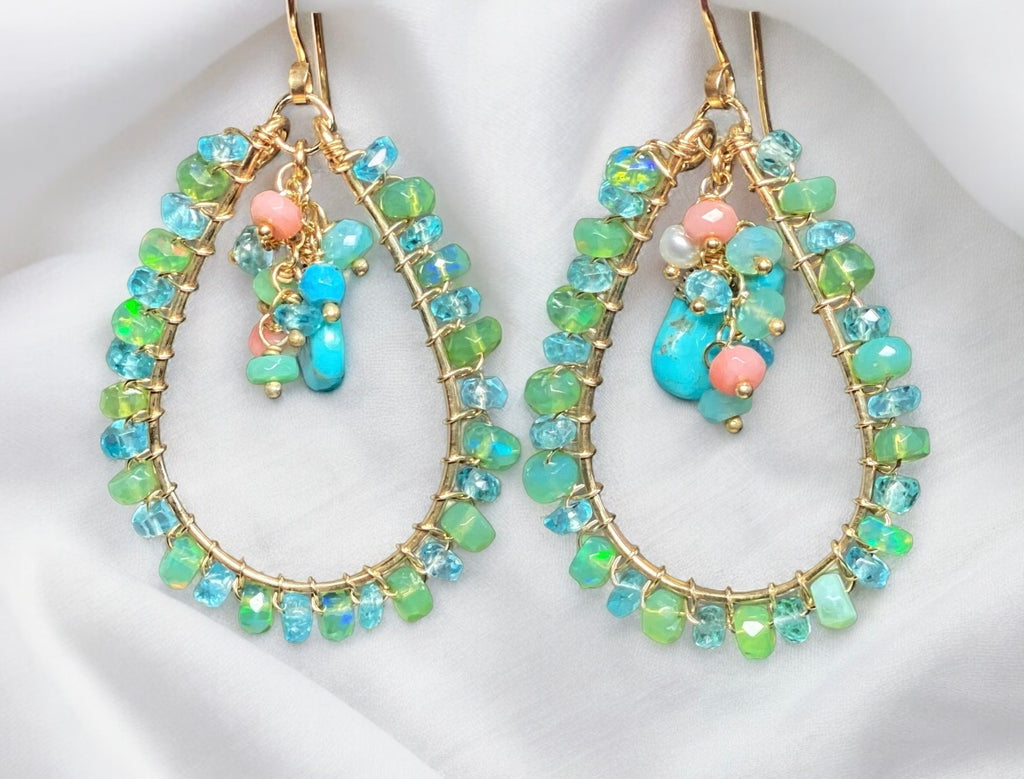 Turquoise, Apatite, Green Ethiopian Opal Hoop Earrings Gold Fill