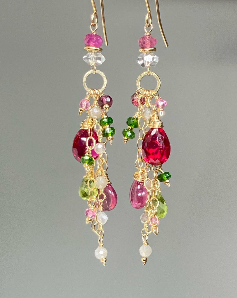 Long Gemstone Dangle Earrings - Pink Sapphire, Peridot, Ruby, Gold Fill