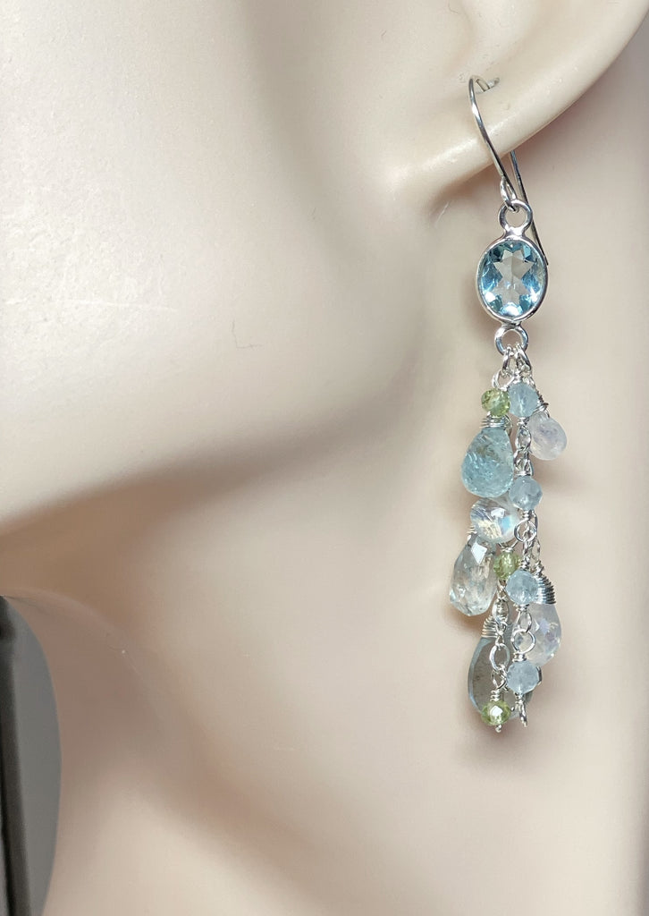 Blue Topaz, Peridot Long Gem Dangle Earrings Sterling Silver