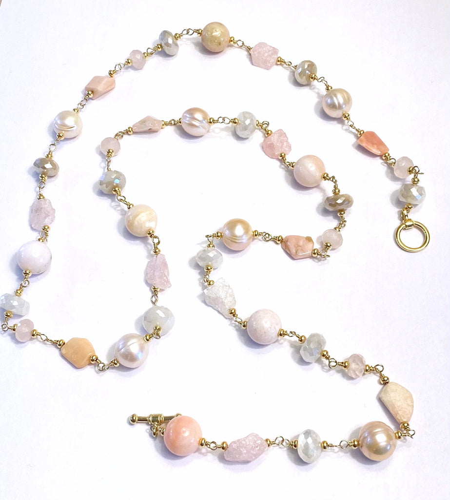 Pink Blush Gemstone and Pearl Long Necklace Gold Fill Wire Wrap