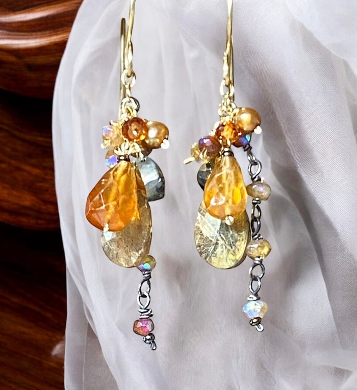 Gold Gemstone Sparkly Dangle Earrings