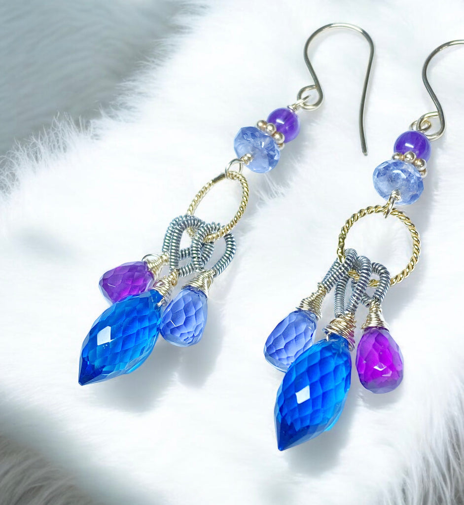 Blue, Purple Chandelier Earrings, Mixed Metals, Iolite, Amethyst, Quartz