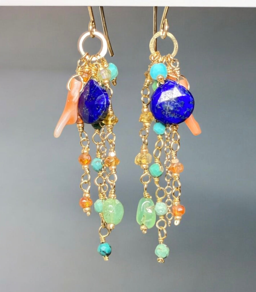 Blue Lapis Dangle Earrings Boho Style with Coral, Chrysoprase, Turquoise, Carnelian Gold Fill