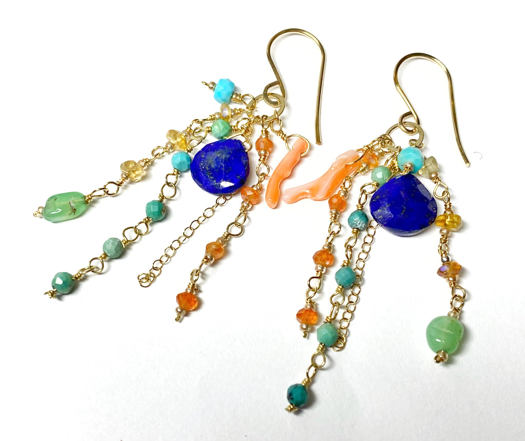 Blue Lapis Dangle Earrings Boho Style with Coral, Chrysoprase, Turquoise, Carnelian Gold Fill