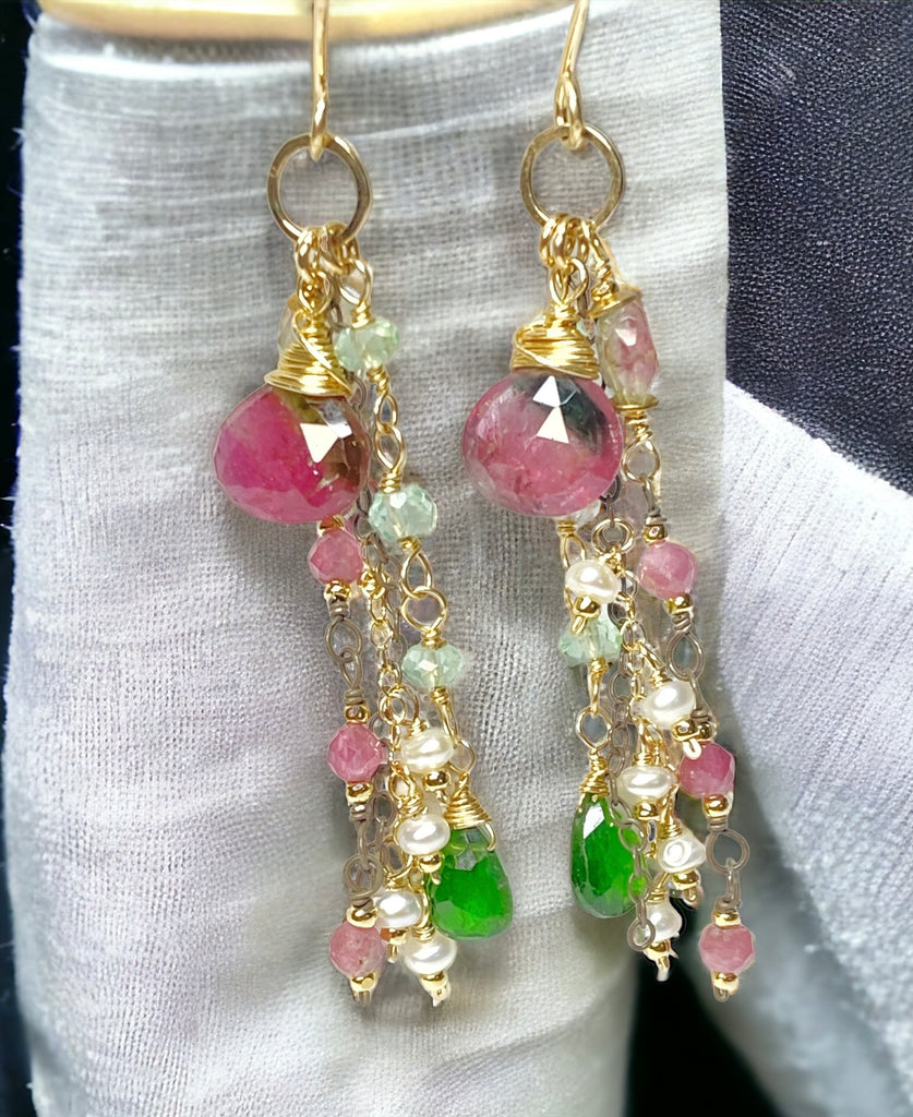 Bicolor Rubellite Tourmaline Briolette and Mixed Metal Gemstone Dangle Earrings