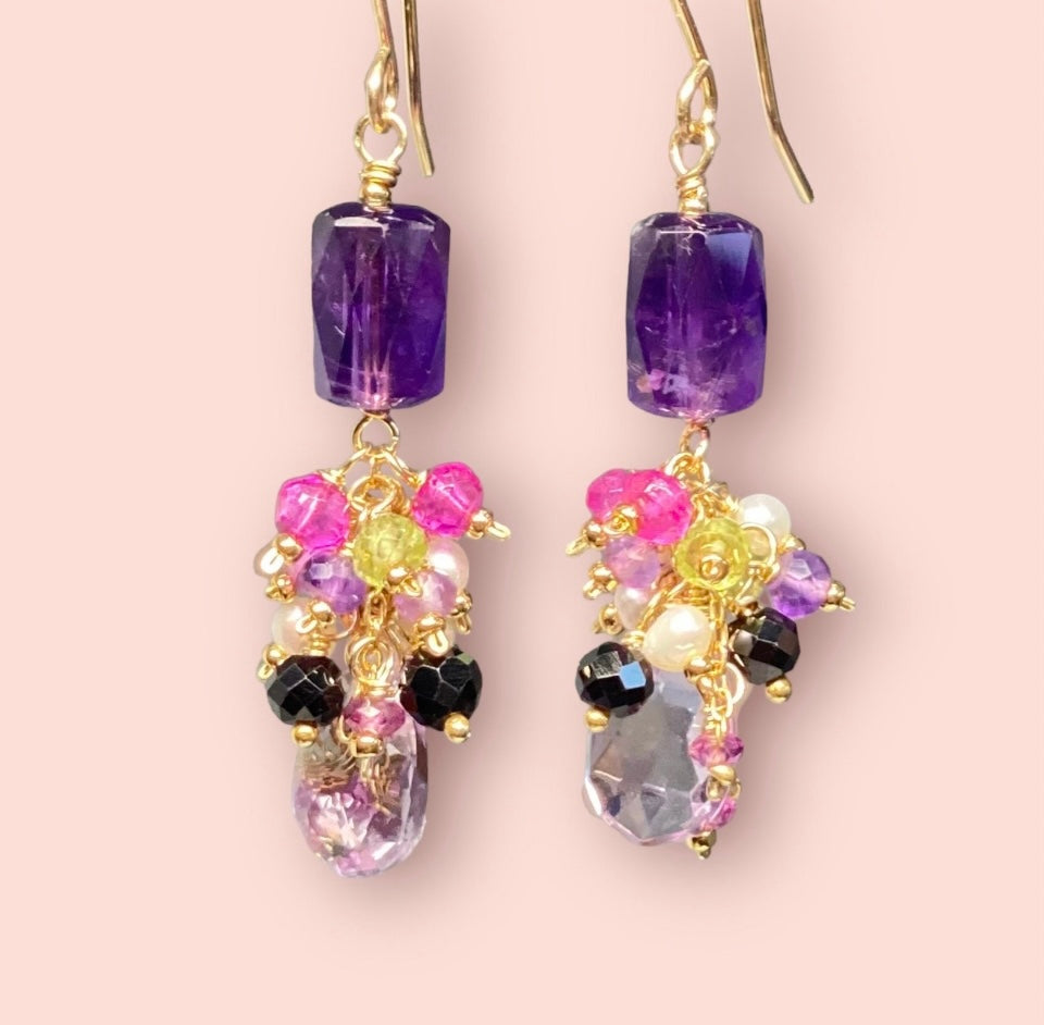 Amethyst Dangle Earrings, Multi Gemstone Cluster Earrings