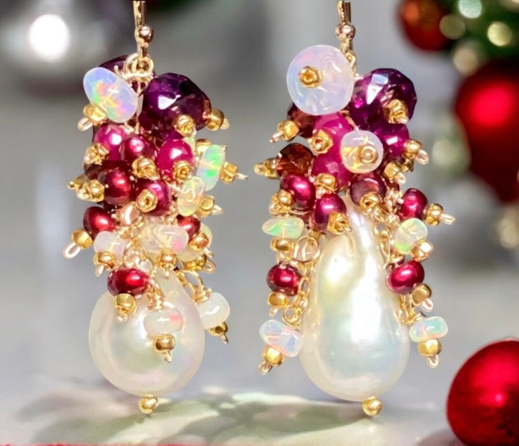 Baroque Pearl Earrings with Rubies, Garnets and Fiery AAA Ethiopian Opals 2