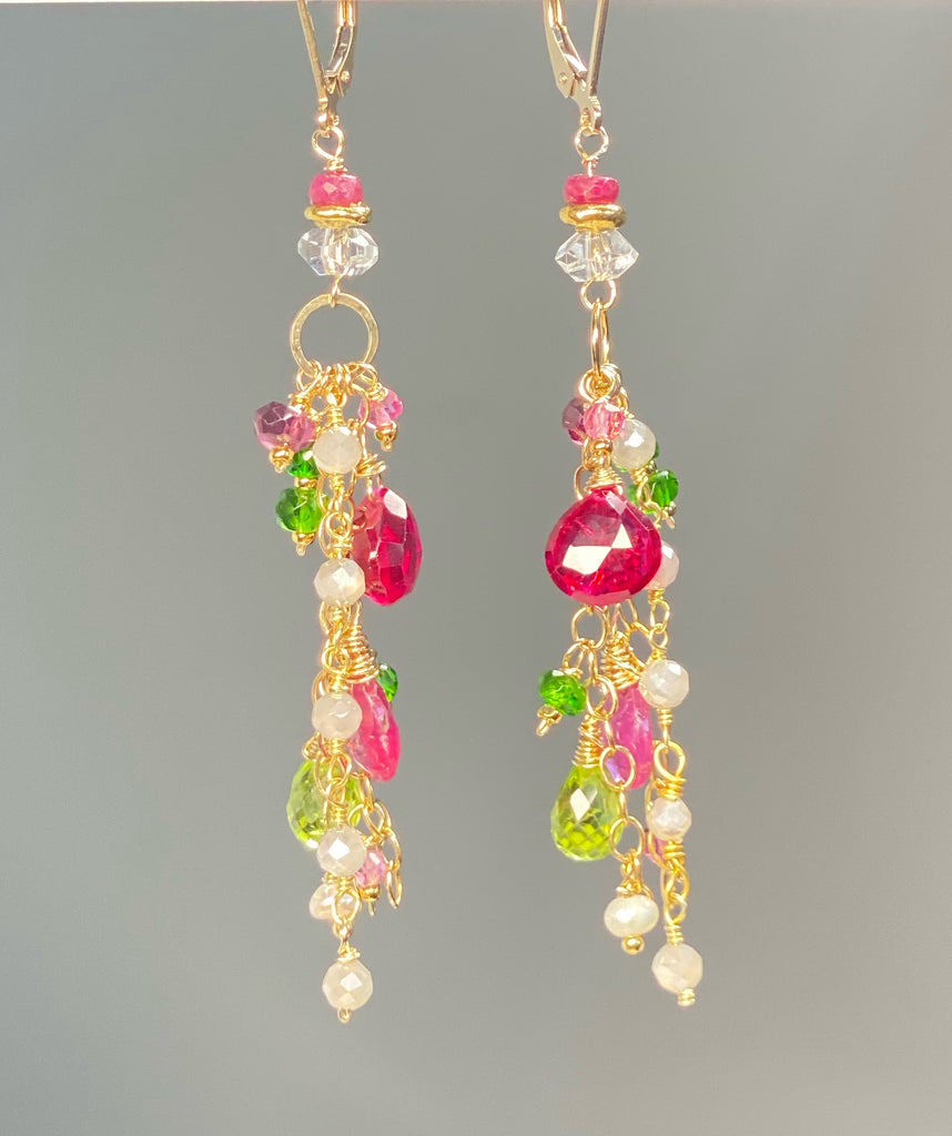 Long Gemstone Dangle Earrings - Pink Sapphire, Peridot, Ruby, Gold Fill