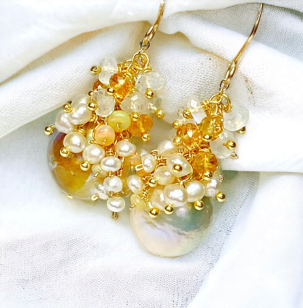 Baroque Pond Slime Pearl Cluster Earring with Citrine, Opal, Moonstone