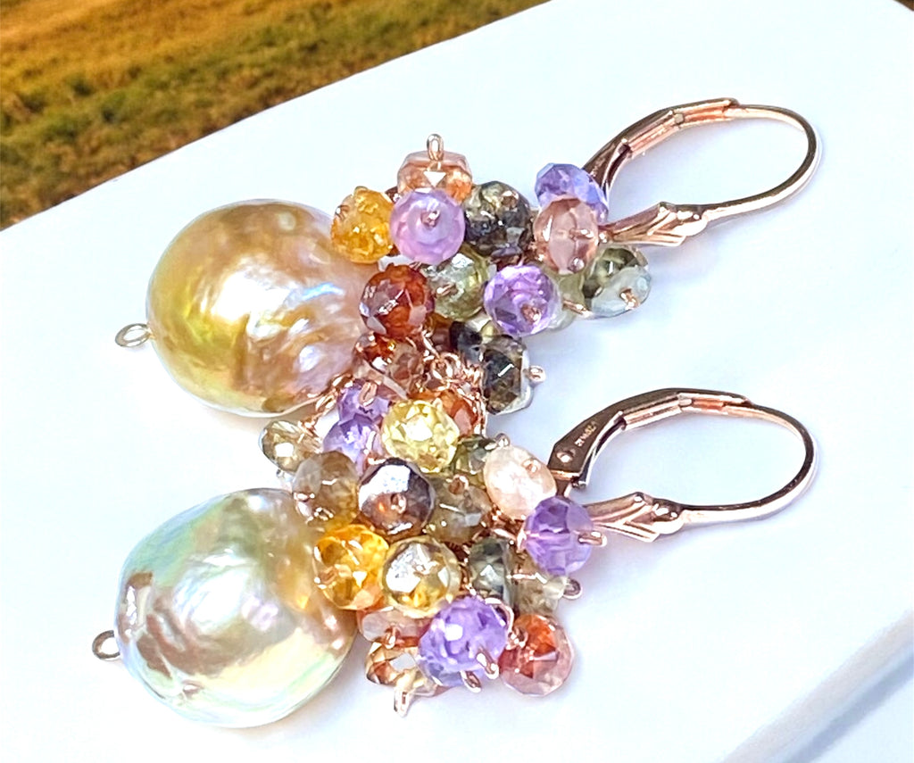 Multi Gemstone Cluster and Pond Slime Gold White Pearl Earrings Rose Gold