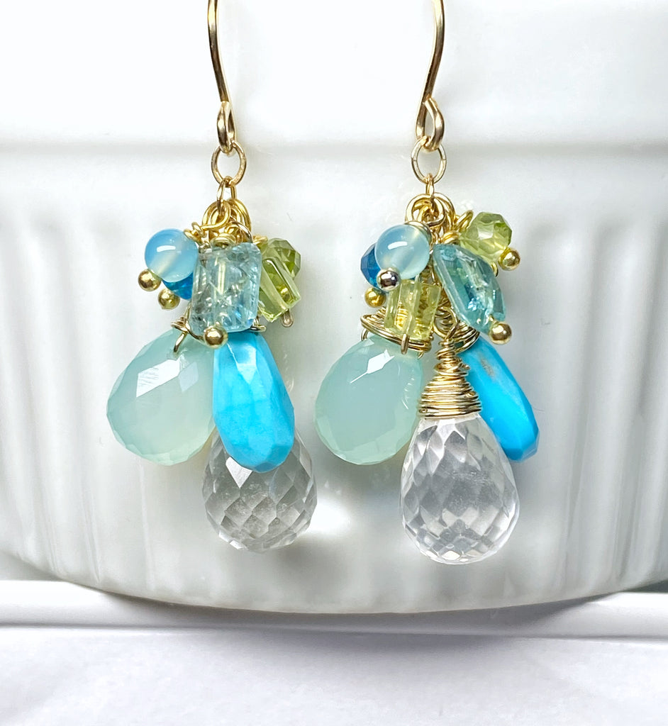 Aqua Gold Filled Dangle Earrings Crystal Quartz & Turquoise