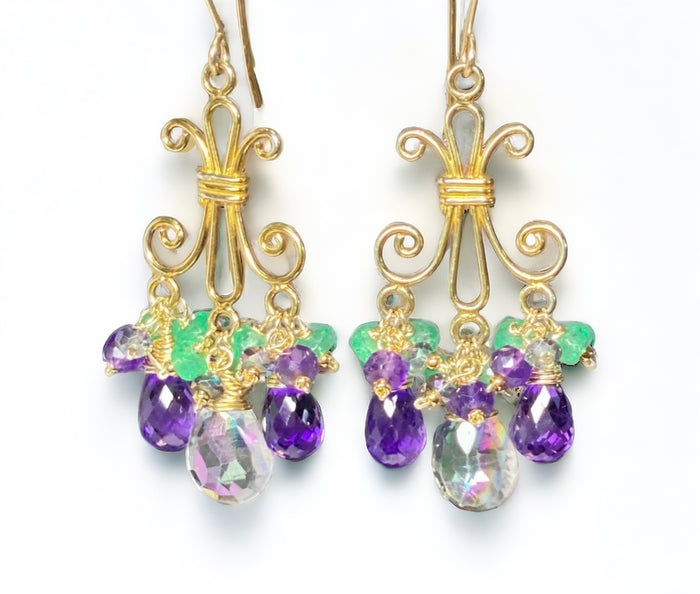 Mystic Topaz Chandelier Earrings in Gold Fill with Amethyst, Green Topaz