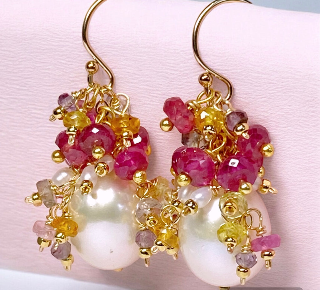 Pearl and Pink Sapphire Cluster Earrings Gold 2