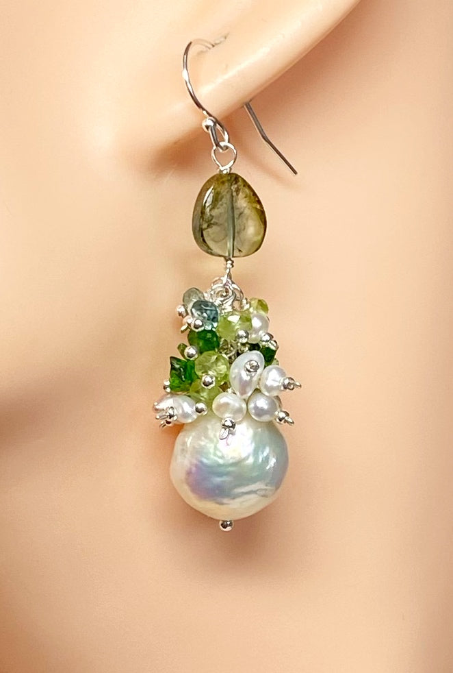 Baroque Edison Pearl and Green Gemstone and Tourmaline Cluster Earrings