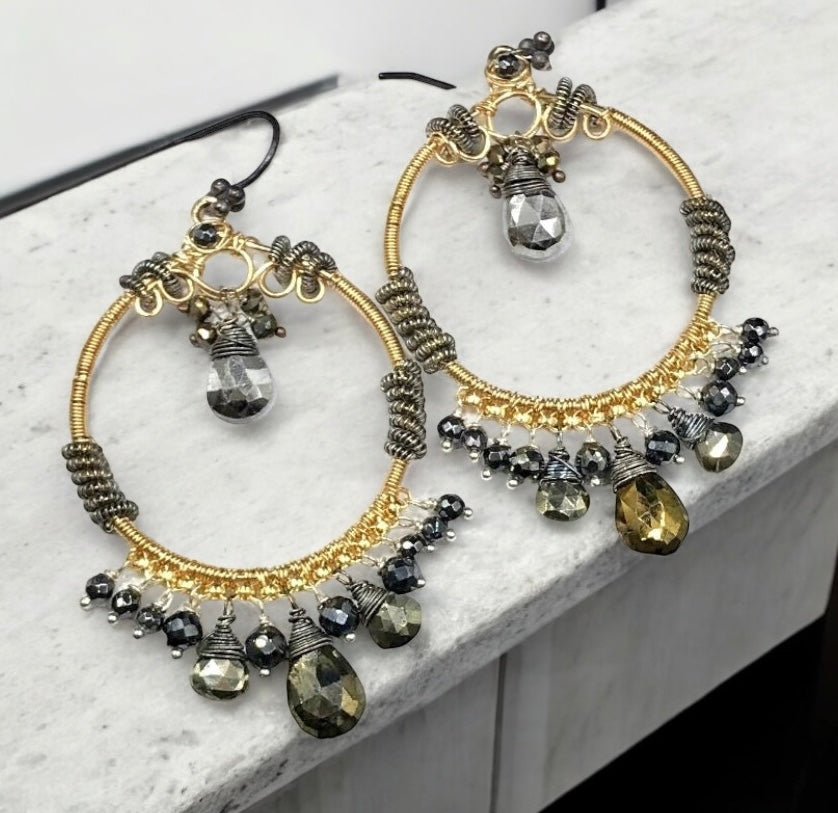 Gold Hoop Earrings with Pyrite Mixed Metals Coiled Silver