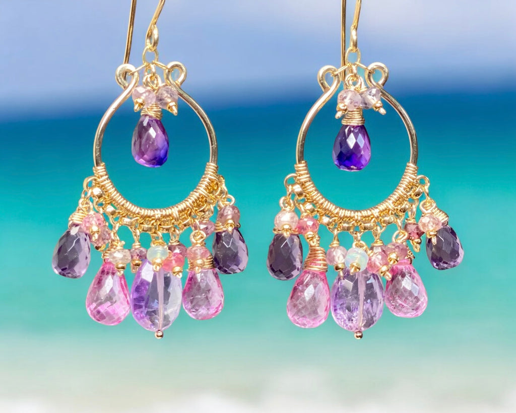 Gemstone Statement Chandelier Earrings in Pink, Lavender, Violet 2