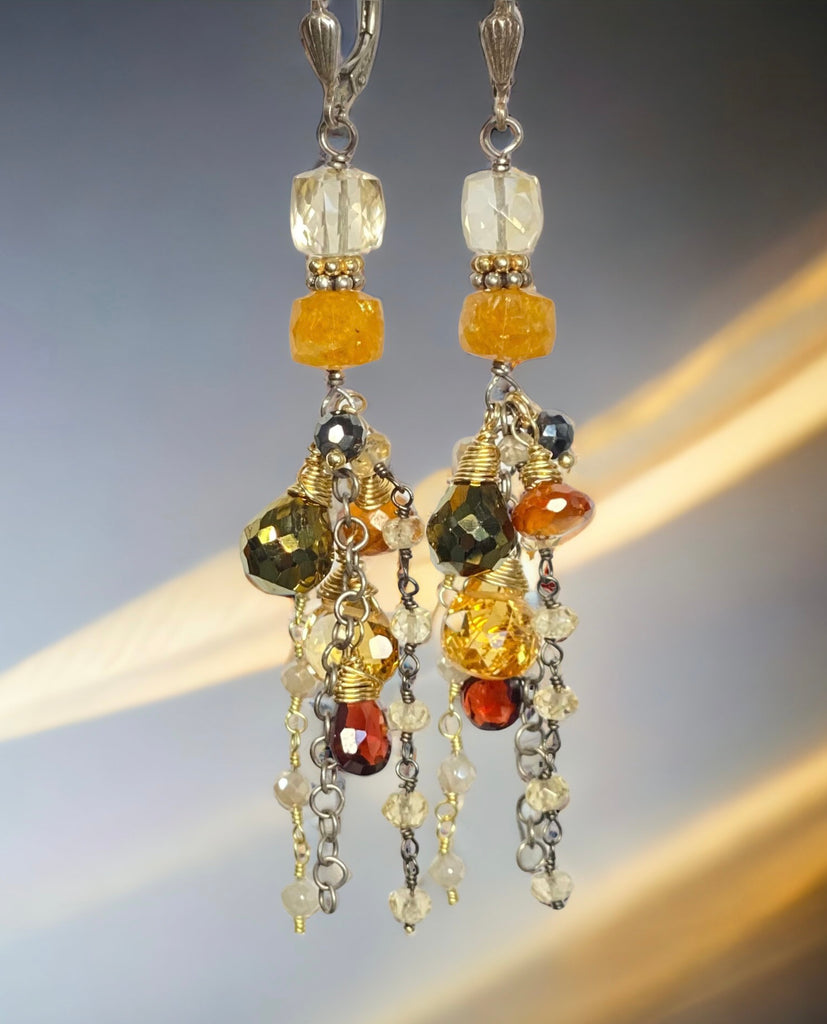 Citrine Garnet Mixed Metal Long Boho Dangle Earrings Oxidized Silver Gold Fill