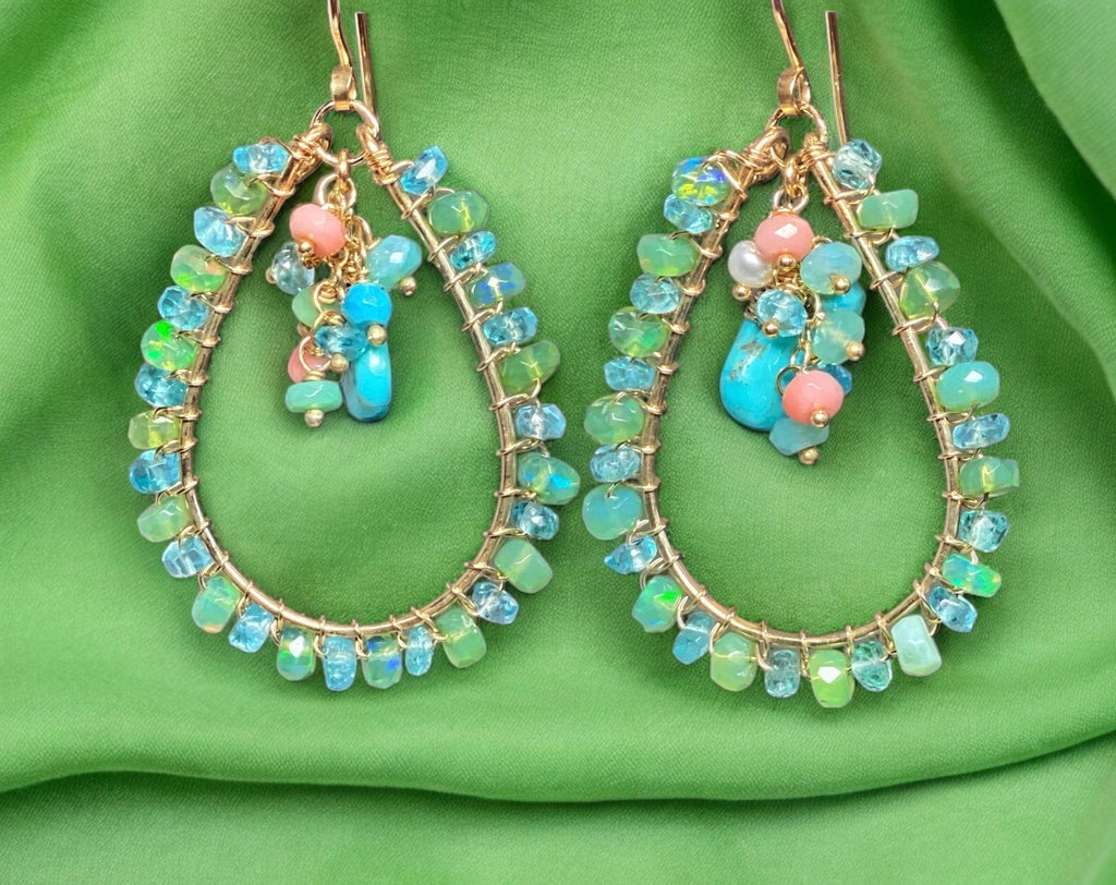 Turquoise, Apatite, Green Ethiopian Opal Hoop Earrings Gold Fill