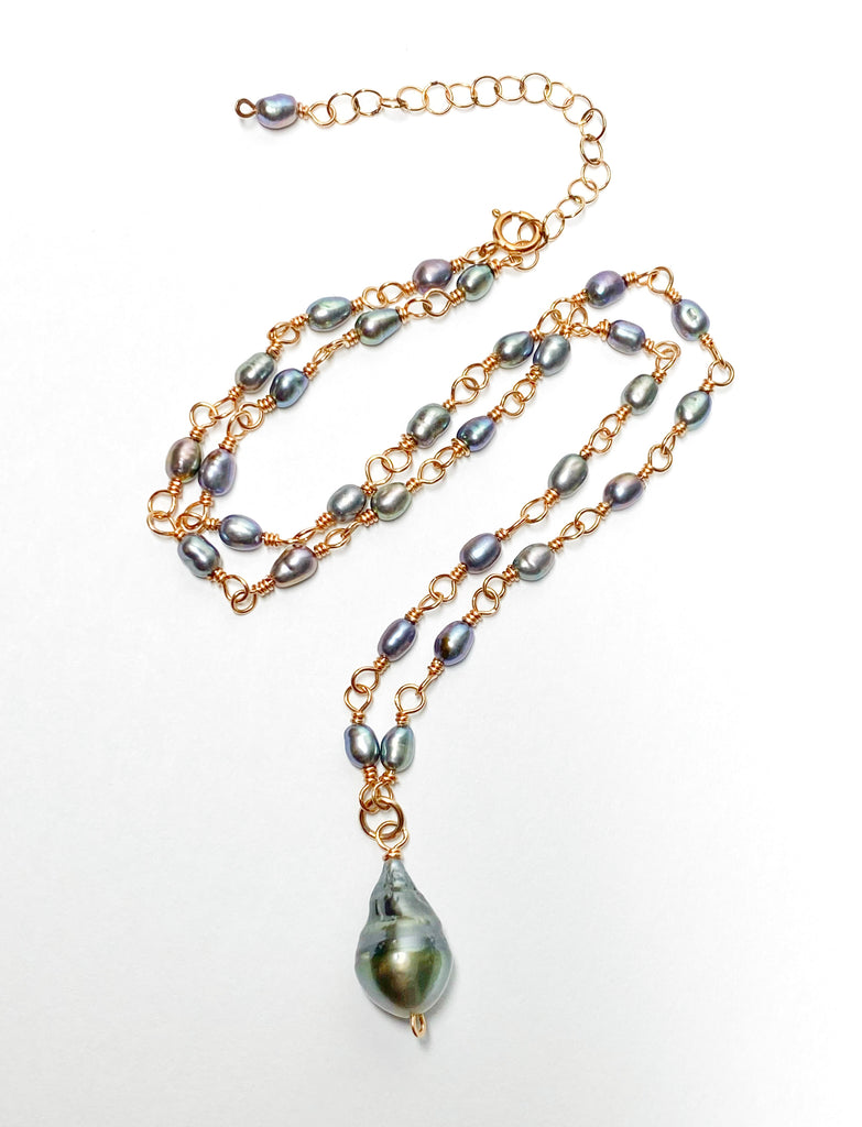 Tahitian Pearl Pendant Necklace Wire Wrapped Rosary Style Rose Gold Fill