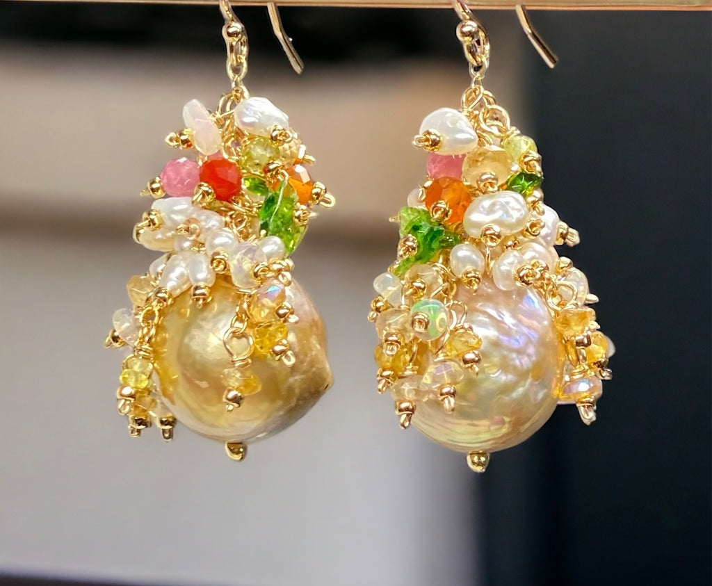 Gold and White Baroque Pearl and Gemstone Cluster Earrings, Pond-slime